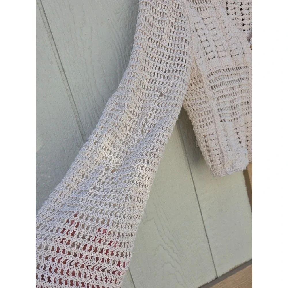 Boho Crocheted Cotton Woodland Granny Cardigan Large Flare Forrest Fairy Neutral